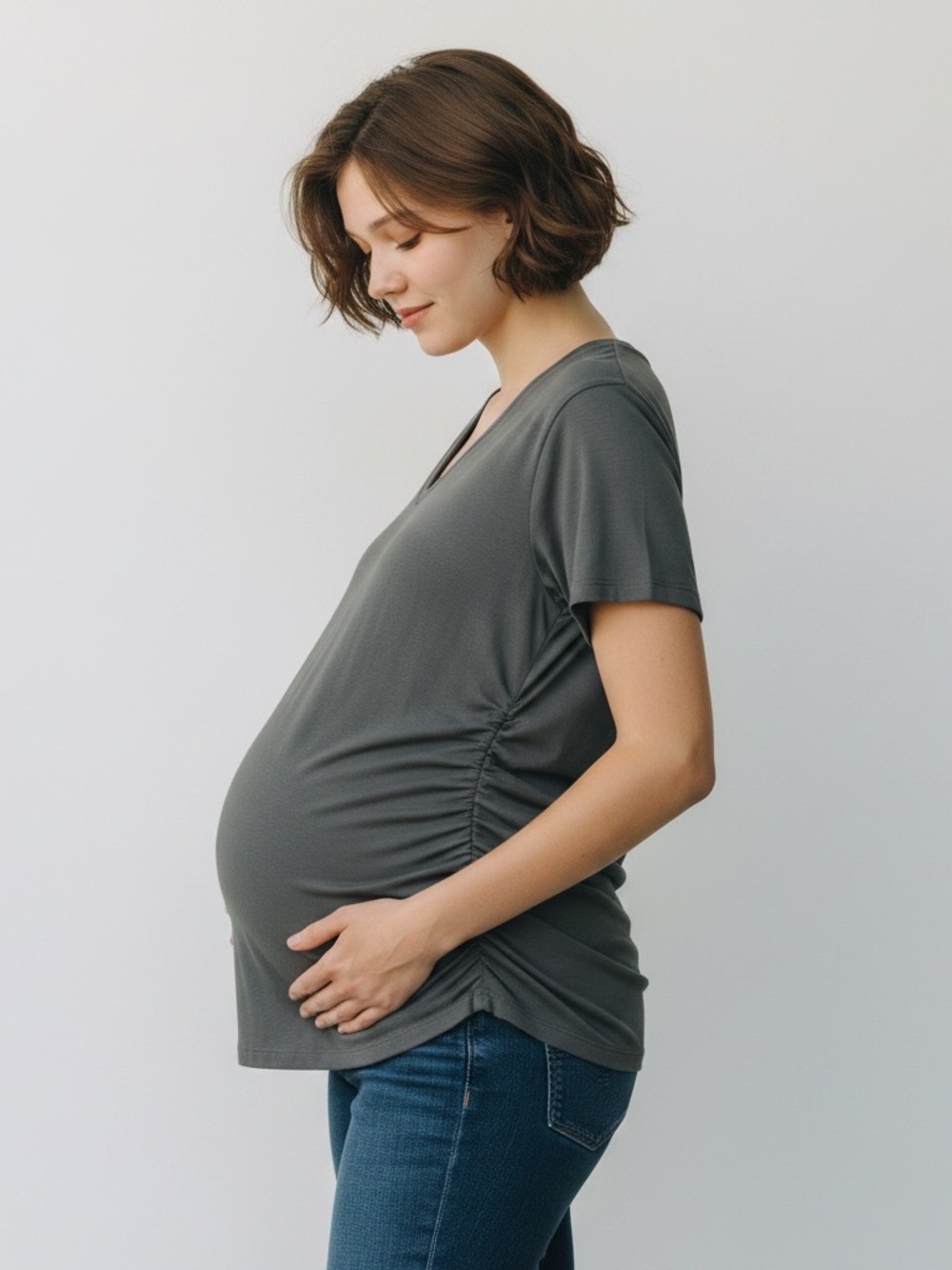Maternity Studio Works M Black V-Neck Short Sleeve Rush Side Top